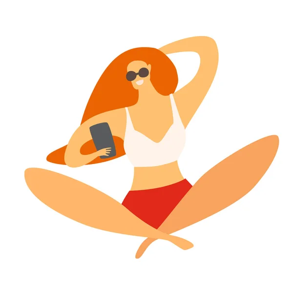Young Woman Doing Selfie Beach Vector Illustration Beautiful Girl Swimsuit — 스톡 사진