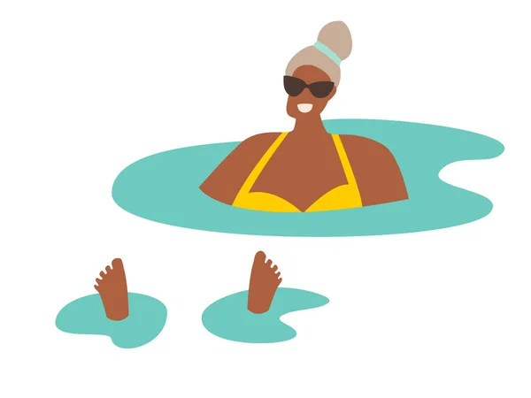 Woman relaxes in the pool/ocean vector illustration. Black adult woman swimming in the sea. Tanned beautiful madam relaxes, summer holiday rest.  Summer relax and outdoor activities. Flat cartoon style, isolated on white background