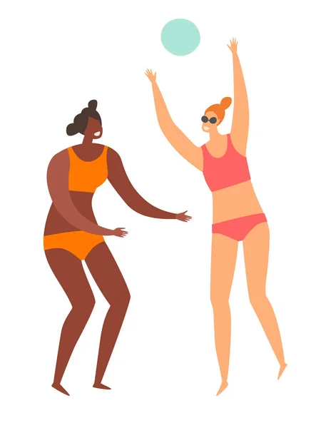 Young Women Playing Volleyball Together Beach Vector Illustration Happy Girls — 스톡 사진