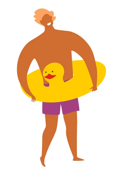 Glücklicher Mann Mit Gelben Entengummiringen Vektor Illustration Mann Entspannen Der — Stockfoto