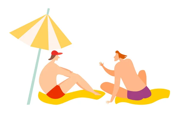 Two Men Sit Beach Umbrella Vector Illustration People Talking Relax — 스톡 사진