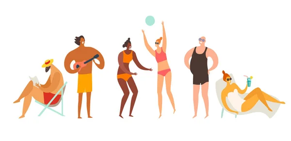 海滩室外活动病媒图解 人在看书 玩Ukulele 在海滩上打排球和日光浴的女人 暑假放松的概念 平面卡通片复古风格 — 图库照片