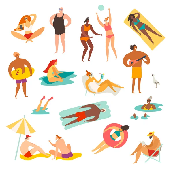 Pessoas Verão Ilustração Vetor Praia Verão Relaxar Atividades Livre Lendo —  Vetores de Stock