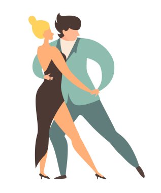 Arjantinli tango insanları vektör çizimi yapıyor. Zarif erkek ve kadın romantik dans ediyorlar. Milonga partisi. Tango dansçısı karakteri. Düz çizgi film biçimi, beyaz arkaplanda izole