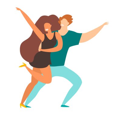 Sosyal çift dans vektör illüstrasyonu. Mutlu insanlar bachata yapıyor. Bir çift dansçı karakteridir. Romantik modern dans. Salsa / samba / zouk partisi. Düz retro çizgi film biçimi, beyaz arkaplanda izole