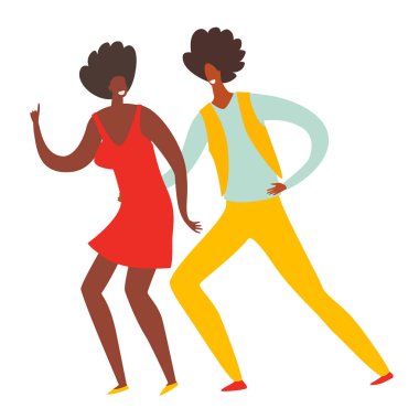 Dans eden insanlar vektör illüstrasyonu. Eski disko partisinde Afro mutlu adam ve kadın dans ediyor. 1970 'ler, 60' lar, 80 'ler eski tarz parti. Disko dansçısı karakteri. Düz çizgi film biçimi, beyaz arkaplanda izole