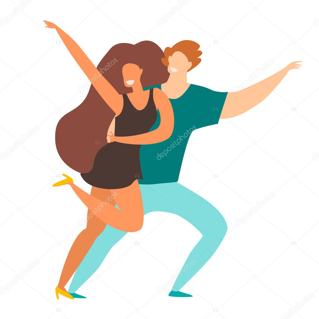 Social pair dancing vector illustration. Happy people dancing bachata. Couple of dancers character.Romantic modern dance. Salsa/samba/zouk party. Flat retro cartoon style, isolated on white background