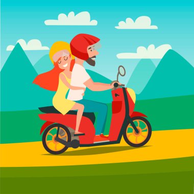 Motosiklet vektör illüstrasyonuyla yaz gezisi. Yaz tatilinde mutlu bir adam ve kadın. Motosiklet gezisindeki çizgi film karakteri aşığı çift. Dağlar arka plan, turizm konsept kartı