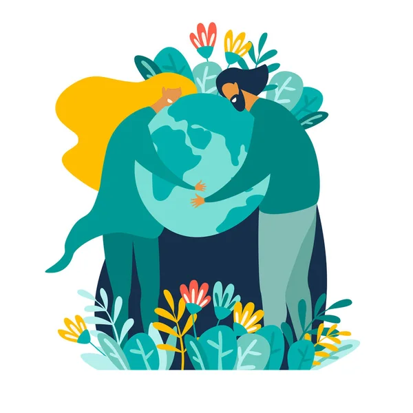 Man Woman Taking Care Earth Saving Planet Vector Illustration Happy — 스톡 벡터