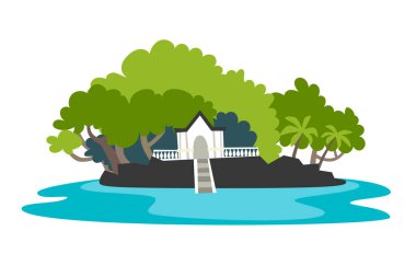 Egzotik tatil köyü illüsü olan tropik bir ada. Okyanus ve denizin etrafında palmiye ağaçları olan Asya adası. Seyahat ve tatil konsepti. Beyaz arkaplanda izole edilmiş Sri Lankalandscape çizgi film düz kartı