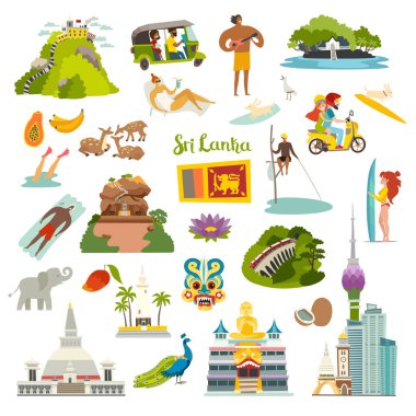 Sri Lanka vektör çizimi. Seylan turistik ve tarihi yerler. Lanka Adası sanat ikonu koleksiyonu. Colombo silueti, Sigira ve Dokuz kemer köprüsü. Çizgi film dizisi beyaz üzerine izole edildi