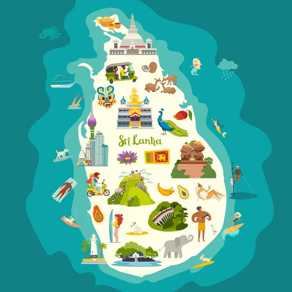 スリランカ地図ベクトル 要約アトラスポスター 子供のためのスリランカ島のイラスト地図 カラフルなセイロンのランドマークのデザイン 寺院や有名な場所 詳細旅行地図 — ストックベクタ