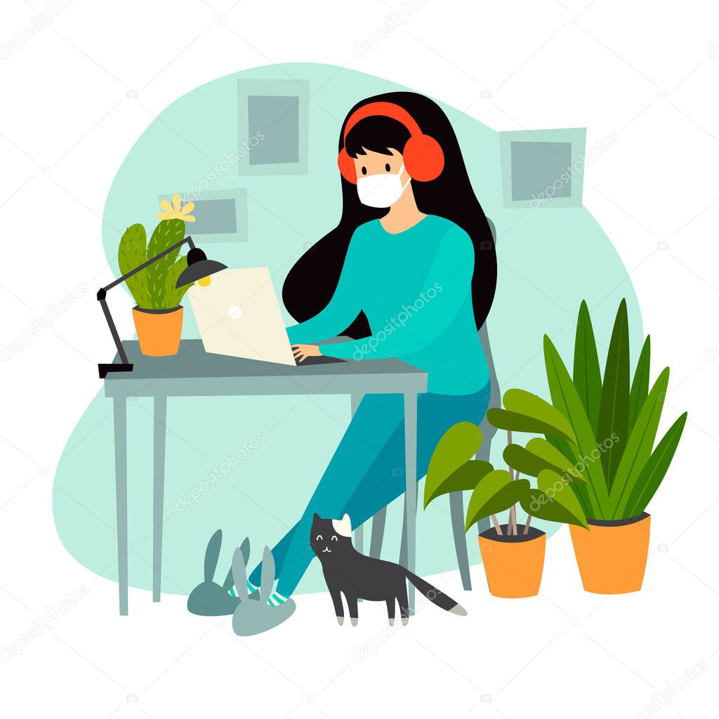 Self-isolation woman with laptop working at home vector illustration. Coronavirus epidemic concept. Isolation at home, Coronavirus pandemic. Isolated on white background