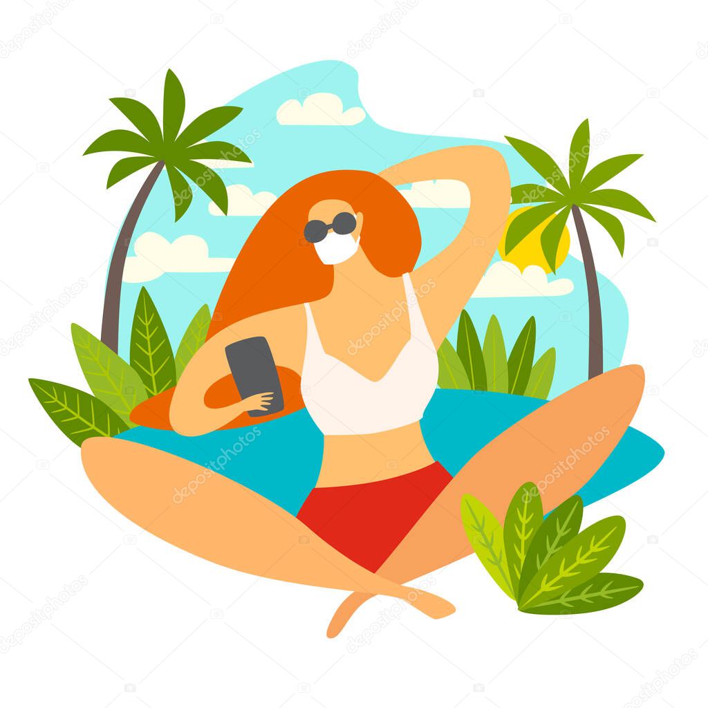 Self-isolation woman with phone at tropic beach vector illustration. Masked girl doing selfie. Coronavirus epidemic concept. Isolation, coronavirus pandemic. Isolated on white  background