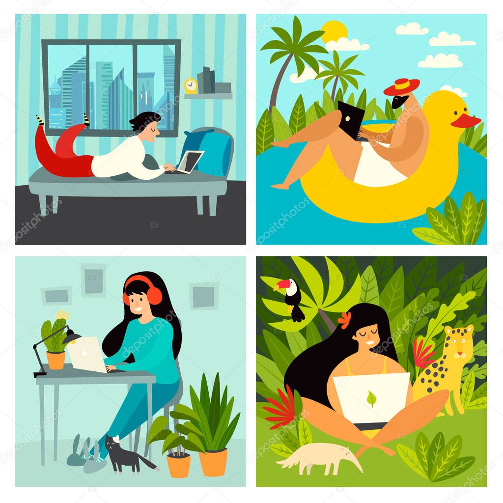 Freelancer people vector collection. Digital nomad characters, home office and tropical workplace. Work on travel lifestyle concept
