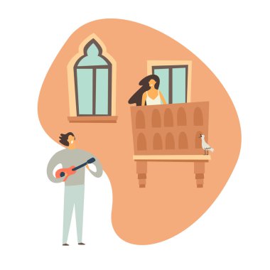 Romantik çift vektör çizimi. Ukulele gitar ile müzisyen adam ve balkon çizgi film karakteri kadın, beyaz arka planda izole