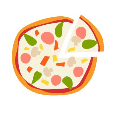 Pizza ve pizza dilimi vektör çizimi. Geleneksel İtalyan yemekleri. Peynirli pizza, domates, peynir, biber, sosis, soğan, fesleğen. Beyaz arkaplanda elle çizilmiş izole simge