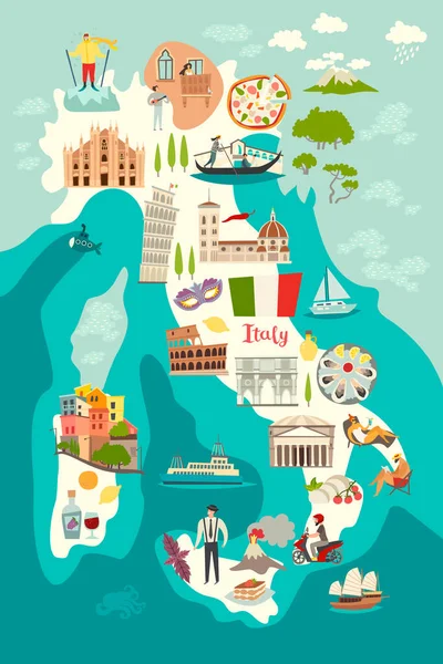 イタリア地図ベクトル 子供のためのイタリアのイラスト地図 イタリアの漫画抽象アトラスのランドマーク的かつ伝統的な文化的シンボルです 観光名所アイコン — ストックベクタ