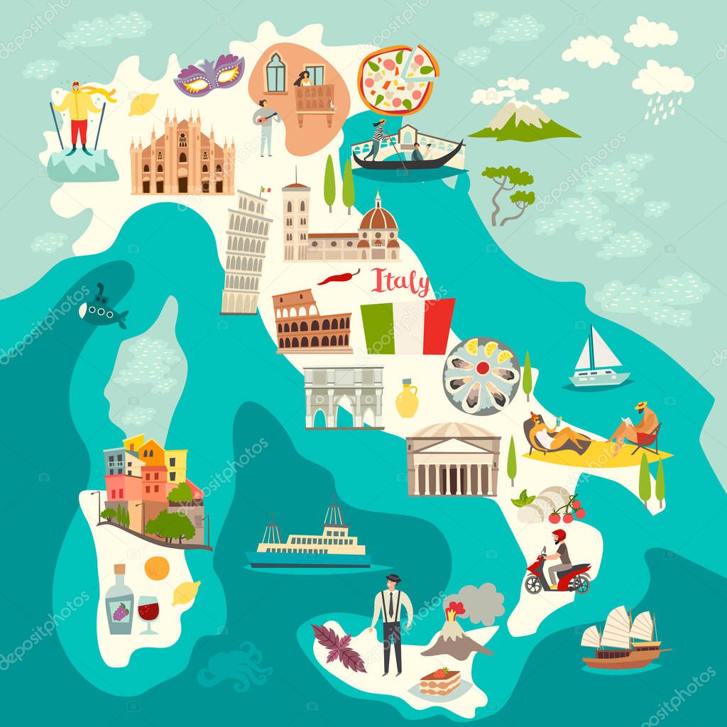 Italy map vector. Illustrated colored map of Italy. Cartoon abstract atlas of Italy with landmark: Coliseum, The Rome Cathedral, Milan Cathedral and Pisa Tower. Gondola on Canal Grande, venetian mask