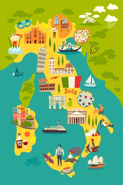 イタリア地図ベクトル イタリアのイラストで描かれた地図 ランドマークとイタリアの漫画抽象アトラス コロッセオ ローマ大聖堂 ミラノ大聖堂とピサの塔 ゴンドラキャナルグランデ ベジタリアンマスク — ストックベクタ