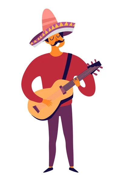 メキシコのミュージシャンがギターベクトルイラストを演奏 メキシコの伝統的な帽子のソンブレロと漫画の男を描く カラフルな図面メキシコ人男性隔離上の白い背景 — ストックベクタ