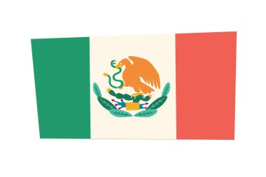 Meksika bayrak vektör illüstrasyonu. Kartal ve kaktüsle çizgi film bayrağı çiziyorum. Beyaz arkaplanda renkli çizilmiş işaret izolasyonu