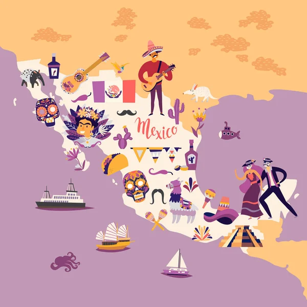 メキシコ地図漫画スタイルのベクトルイラスト 伝統的なシンボルや装飾的な要素を持つメキシコ 要約旅行者マップポスター 手描きカラフルなイラスト背景 — ストックベクタ