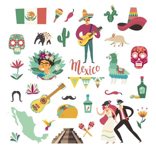 墨西哥收集向量图解 墨西哥的标志和地标 白色背景下的墨西哥孤立的彩绘图标 — 图库矢量图片
