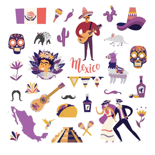メキシコのシンボルオブジェクトベクトルイラスト 甘い頭蓋骨とテキーラ口ひげとソムブレロ メキシコのギタリストとラマ 白い背景にメキシコの孤立についてのカラフルな図面アイコン — ストックベクタ