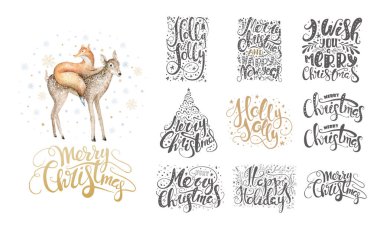 Kar taneleri ve tilki ile neşeli Noel yazı üzerine. El d