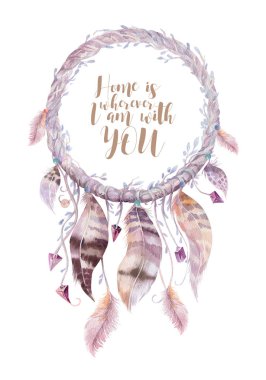 Sulu Boya Dekorasyon bohem dreamcatcher izole. Boho feath
