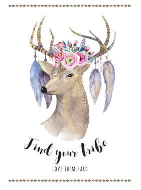 Suluboya elle çizilmiş deer.ethnic yerli Batı Americ yazdırma