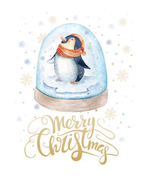 Neşeli Noel yazı suluboya ile eğlenceli pinguin.