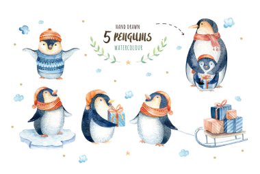 Neşeli Noel kar taneleri ve penguenler. Elle çizilmiş illüstrasyon
