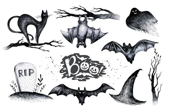 Cadılar Bayramı el siyah beyaz grafik çizimi simge, çizilmiş Hallo ayarla — Stok fotoğraf