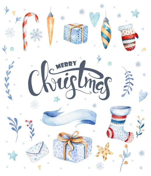 Aquarell handgezeichnet Weihnachten niedlich Illustrationen Geschenk collecti — Stockfoto
