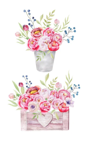 Aquarela flores caixa de madeira. desenhado à mão chique ru jardim vintage — Fotografia de Stock