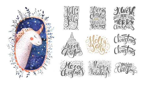 Merry christmas lettering over with snowflakes and bear. Hand dr — Stock Photo, Image