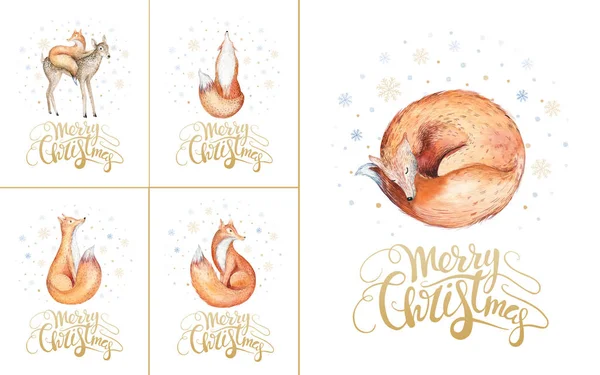 Merry christmas snowflakes and foxes. Hand drawn fox illustratio — Stock Photo, Image