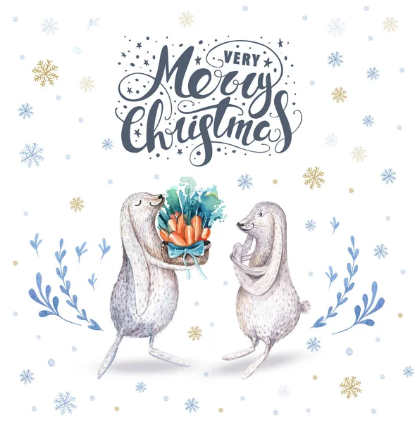 水彩メリークリスマスキャラクターペンギンイラスト 冬の漫画孤立かわいい面白い動物のデザインカード ストック写真 C Mykef