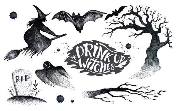 Halloween mano disegno nero bianco grafica set icona, disegnato Hallo — Foto Stock