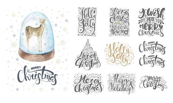 Vidám karácsony felirat felett hópelyhek és szarvas. Dr. kéz — Stock Fotó