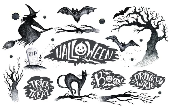 Halloween mano disegno nero bianco grafica set icona, disegnato Hallo — Foto Stock