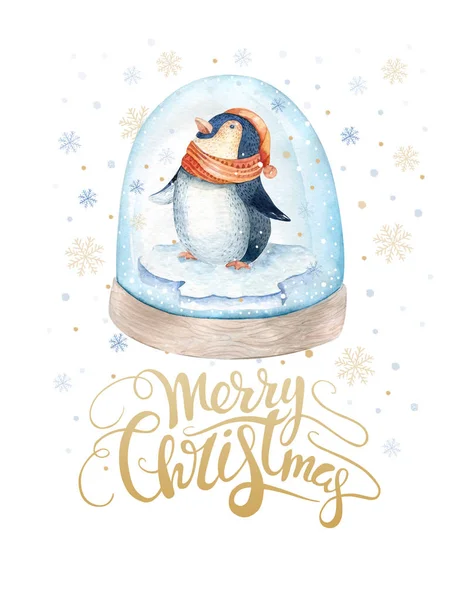 Merry Christmas  lettering with watercolour fun pinguin. — Stock Photo, Image
