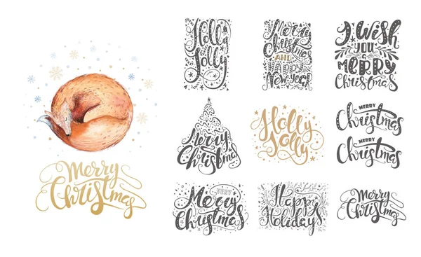 Merry christmas lettering over with snowflakes and foxes. Hand d — Stock Photo, Image