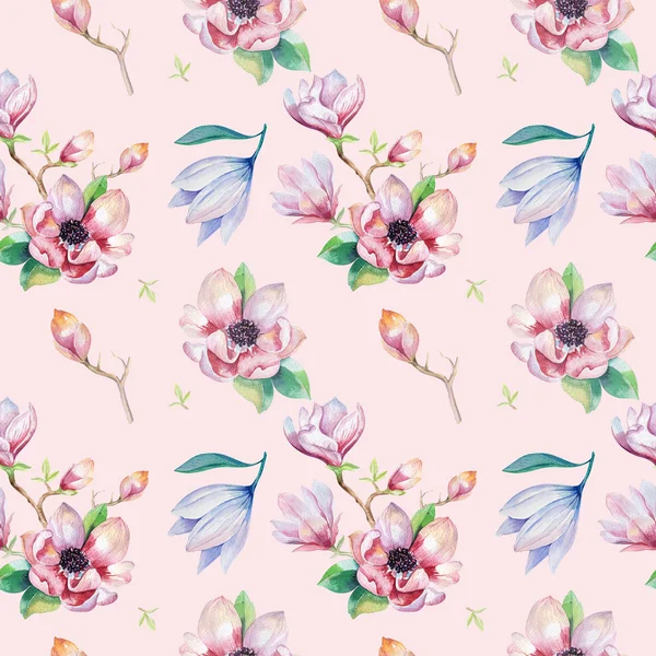 Watercolor seamless wallpaper with  magnolia flowers, leaves. — Stock Photo, Image