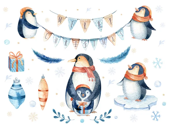 水彩メリークリスマスキャラクターペンギンイラスト 冬の漫画孤立かわいい面白い動物のデザインカード ストック写真 C Mykef