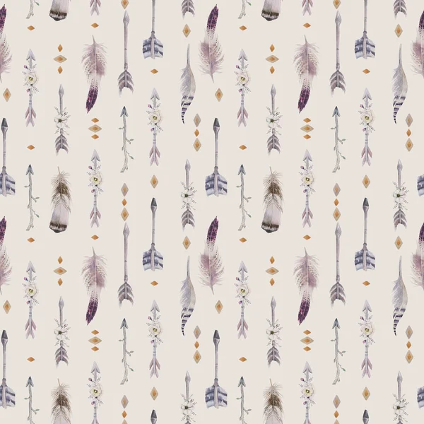 Watercolor boho seamless pattern with teepee, arrows and feather — Stock Photo, Image