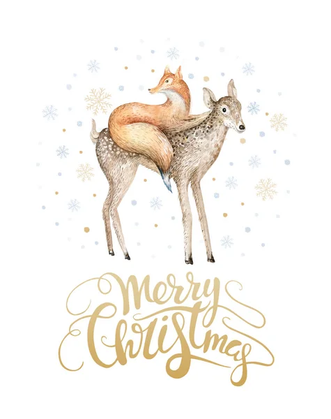 Joyeux Noël aquarelle lettrage avec aquarelle fun fox a — Photo