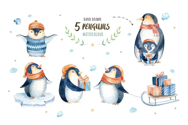 水彩メリークリスマスキャラクターペンギンイラスト 冬の漫画孤立かわいい面白い動物のデザインカード ストック写真 C Mykef